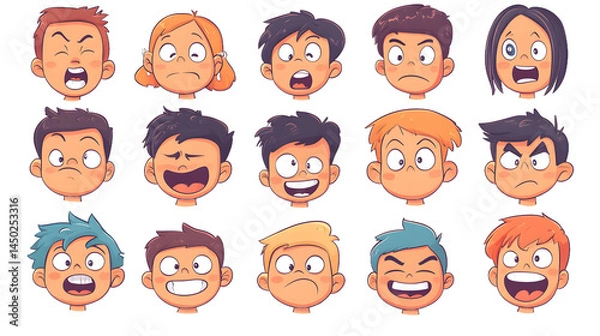 Obraz A diverse collection of cartoon faces expressing various emotions, showcasing joy, anger, surprise, and more.