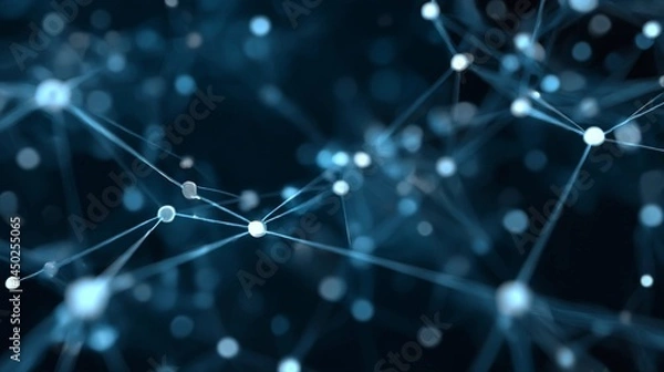 Fototapeta Abstract glowing blue network nodes connected by light strands in a dark digital space