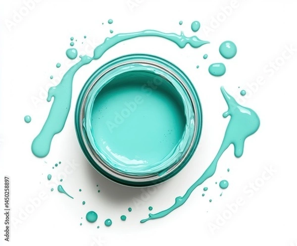 Obraz Paint can with teal blue paint top view lay flat with drips and droplets on isolated white background