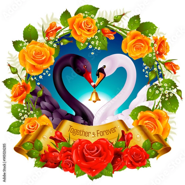 Obraz Vector Wreath of Roses, Couple Swans, Ribbon and Dawn Background. Black Cob and White Pen hold a Golden Bell. Birds Neck and Flowers in Heart Shape. Valentines Day Card or Wedding Invitation 