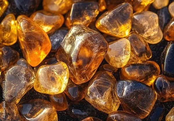 Fototapeta A close-up of a collection of amber and dark-colored gemstones.