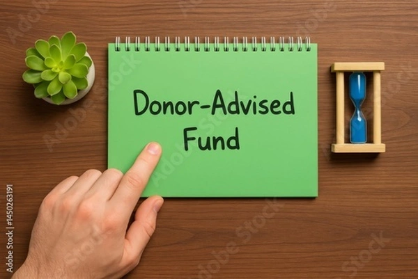 Obraz Donor Advised Fund Concept Green Notepad Hand Pointing Time Management Financial Planning Investment Strategy Charitable Giving Philanthropy Donation Tax Deduction Wealth Management Business Finance  