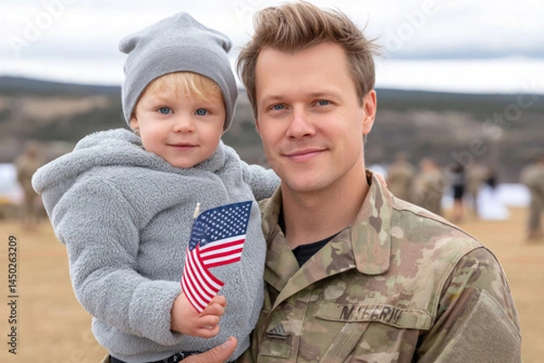 Obraz A soldier and a young child stand together, the child proudly holding a small flag while wearing a cozy outfit. This touching moment takes place during the ARMAD celebration honoring heroes