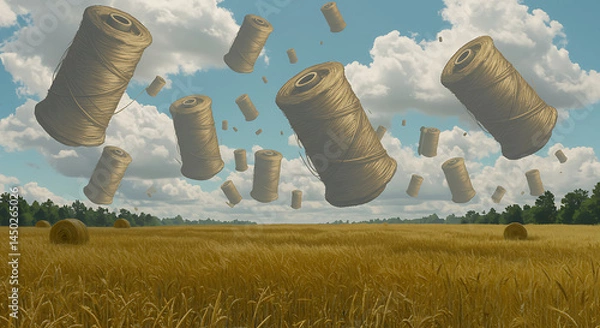 Fototapeta String Spools on Wheat Field Landscape: Surreal Harvest Scene of Flying Twine for Farm Crafts and Agriculture Concepts with Summer Sky