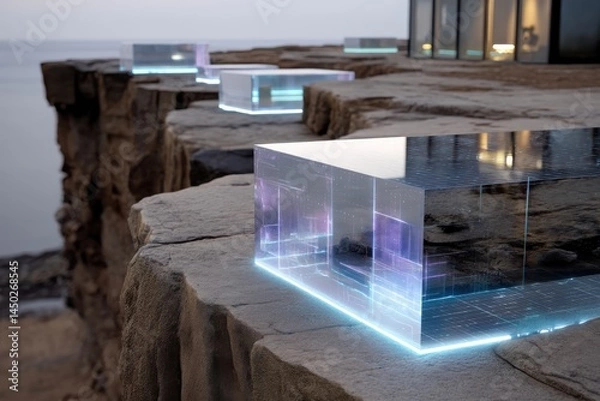 Fototapeta Modern transparent cubes illuminate the edge of a rugged cliff, merging cutting-edge design with natural elements, evoking a sense of wonder and exploration of new boundaries.