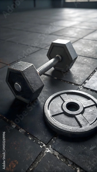Obraz dumbbell and weight plate on gym floor