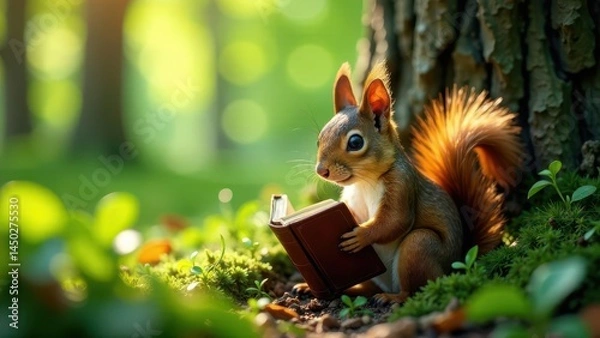 Fototapeta A Curious Squirrel Enjoys a Moment of Quiet Reading Amidst Lush Green Foliage, Lost in the Pages of a Leather-Bound Book in a Serene Forest Setting