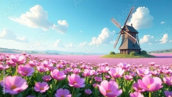 Fototapeta Serene windmill overlooking a vast field of delicate pink blossoms under a vibrant sky