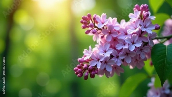 Fototapeta Sunlight Illuminates Delicate Pink Blossoms on a Lush Green Branch, a Symphony of Springtime Beauty