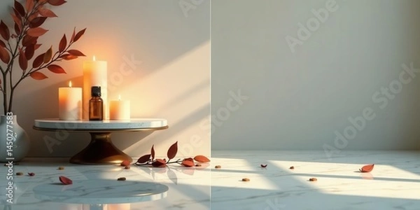 Fototapeta Serene Autumnal Still Life Featuring Candles, Essential Oil, and Dried Leaves on a Marble Surface