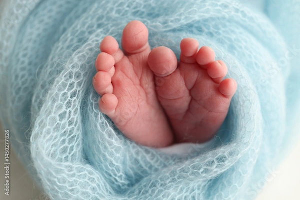 Fototapeta Baby foot on blue soft coverlet, blanket. Close-up of tiny, cute, bare toes, heels and feet of a newborn girl, boy. 