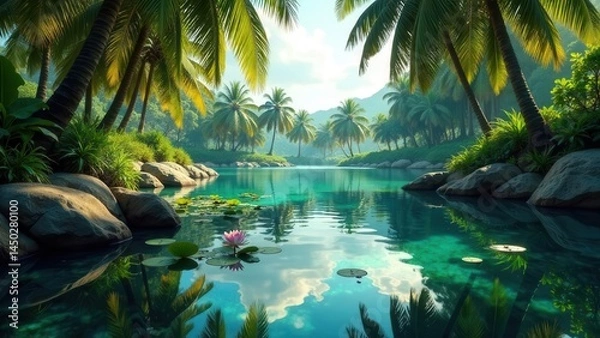 Fototapeta Serene tropical lagoon reflecting lush palm trees and vibrant pink water lilies, a tranquil paradise scene