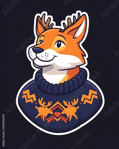 Obraz A smiling fox with antlers wears a blue sweater with a reindeer pattern
