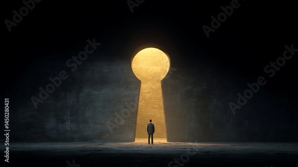 Fototapeta A lone figure contemplates a luminous keyhole shaped doorway in a dark brick wall symbolizing opportunity and the unknown