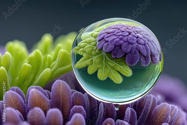 Obraz Soft purple flower and green leaf reflected clear water droplet with dreamlike ecosystem effect