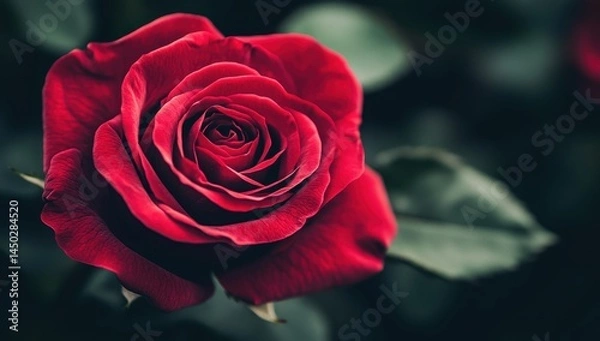Obraz Beautiful Close-Up of a Single Red Rose Surrounded by Dark Green Leaves, Symbolizing Love, Passion, and Elegance in a Natural Setting