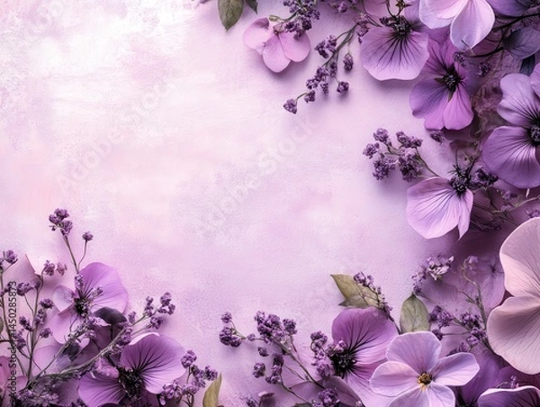 Obraz Beautiful floral arrangement with purple flowers and delicate petals on soft pink background creating an elegant and serene atmosphere for spring or summer