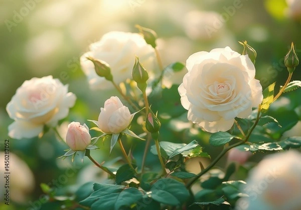 Obraz Beautiful illuminated white roses in a soft light garden environment showcasing delicate petals, lush green leaves, and romantic ambiance in nature