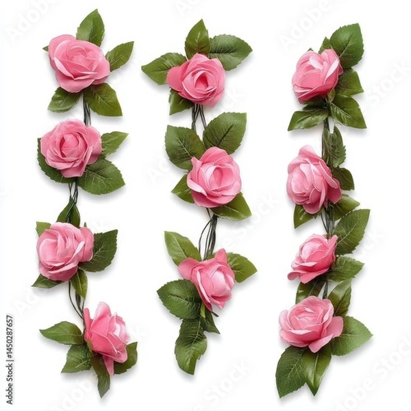 Obraz Beautiful pink artificial roses with green leaves arranged in a decorative vertical pattern for home or event decoration and floral arrangements