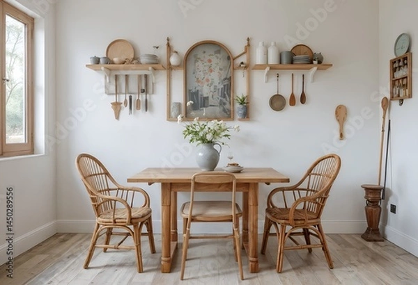 Fototapeta Kitchen with rattan chairs and props centered around a wooden table