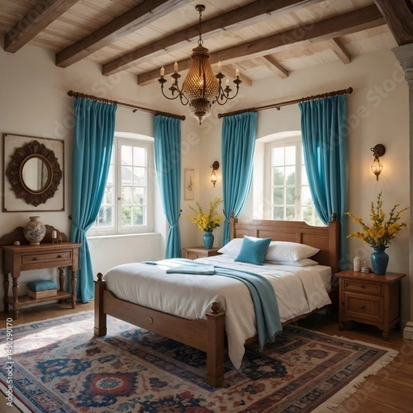 Fototapeta A Mediterranean-style bedroom with soft morning sunlight, a wooden bed in the center, hand-made ceramic lighting, a patterned rug, and turquoise linen curtains maximize coziness.