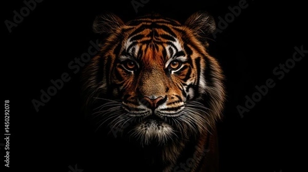 Obraz Close-up portrait of a tiger against a black background.