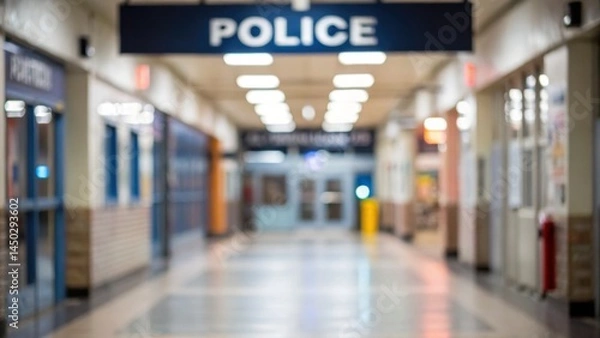 Obraz A corridor inside a police station features a sign reading POLICE overhead. The hallway is brightly lit, and the background is slightly blurred
