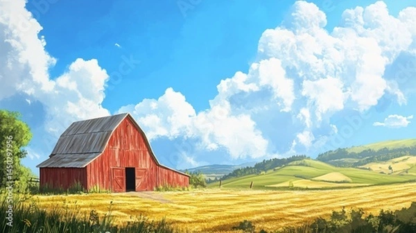 Fototapeta Rustic Red Barn in Idyllic Countryside Under Bright Blue Sky with Fluffy Clouds and Rolling Green Hills During Sunny Day in Vibrant Nature Setting