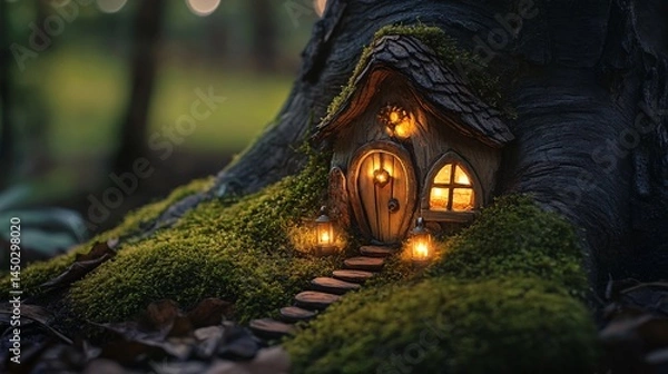 Fototapeta Whimsical Fairy House Nestled in Tree Trunk Surrounded by Lush Moss and Soft Ambient Light Creating Magical Outdoor Scene in Enchanted Forest