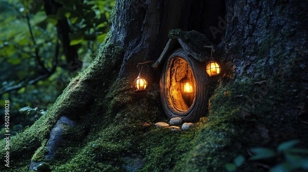 Fototapeta Enchanted forest scene featuring a mystical tree trunk door adorned with glowing lanterns, surrounded by lush moss and serene nature, inviting imagination and wonder