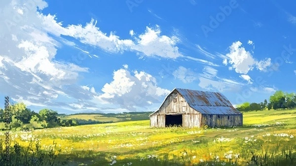 Fototapeta Serene Landscape Featuring a Rustic Barn Surrounded by Lush Green Fields and a Bright Blue Sky with Fluffy Clouds, Perfect for Farm and Countryside Themes