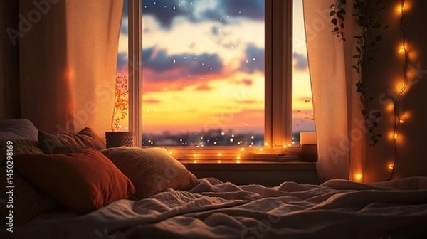 Fototapeta Cozy bedroom scene featuring a warm and inviting window view adorned with fairy lights, colorful pillows, and a stunning sunset sky full of vibrant hues.