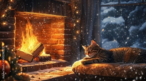 Fototapeta Cozy Cat by the Fireplace in a Winter Wonderland with Snowflakes Falling, Warm Glow of Firelight, and a Festive Atmosphere for Holiday Cheer and Relaxation