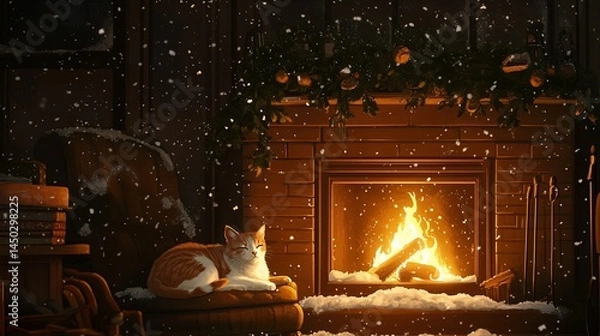 Fototapeta Cozy Winter Scene with a Sleeping Cat by a Warm Fireplace Surrounded by Snowfall and Christmas Decorations for a Serene Holiday Atmosphere