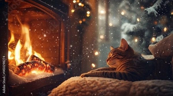 Fototapeta Cozy Cat by the Fireplace with Flickering Flames and Snowfall in a Winter Wonderland Setting, Perfect for Holiday-Themed Designs and Seasonal Promotions