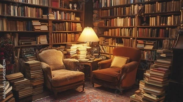 Fototapeta Cozy Reading Nook in Vintage Library with Warm Lighting, Soft Armchairs, and Towering Bookshelves Full of Classic Literature