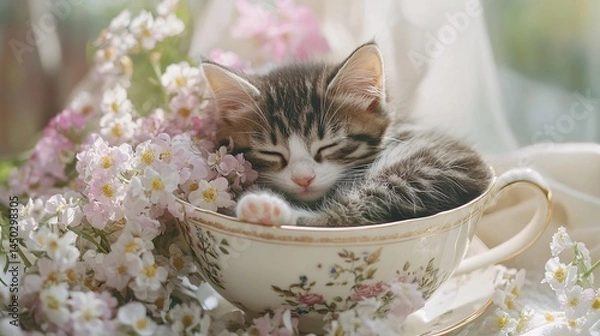 Fototapeta Adorable Sleeping Kitten Snuggled in a Floral Teacup Surrounded by Delicate Blossoms and Soft Natural Light for a Cozy and Charming Scene