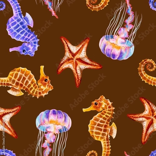 Fototapeta Animals from the ocean floor, marine life, seamless pattern on a brown background
