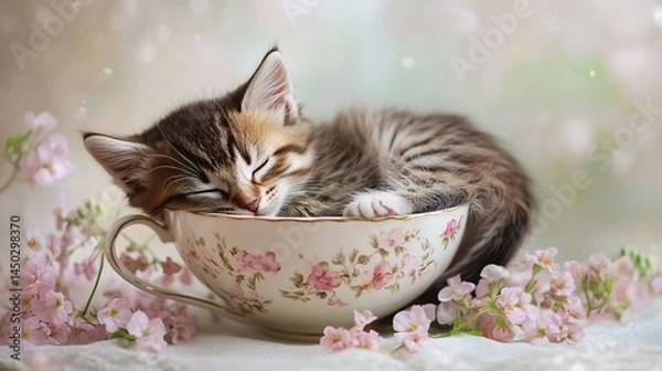 Fototapeta Adorable Tabby Kitten Sleeping Peacefully in a Floral Tea Cup Surrounded by Delicate Pink Flowers and Soft Dreamy Light