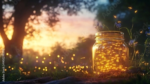 Fototapeta Enchanting Glass Jar Filled with Glowing Fireflies at Dusk Surrounded by Nature, Serenity, and Calming Sunset with Lush Greenery and Beautiful Flowers