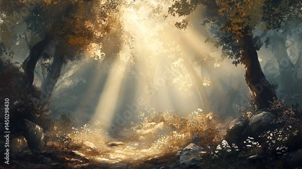 Fototapeta Serene Forest Scene with Sunlight Streaming Through Trees, Soft Rays Illuminating Ground Covered in Rocks and Flowers, Tranquil Nature Landscape for Peaceful Moments