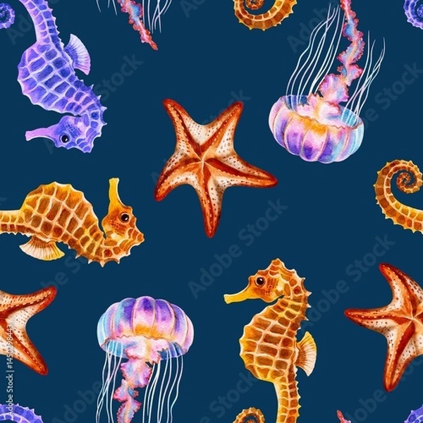 Fototapeta Animals from the ocean floor, marine life, seamless pattern on a blue background