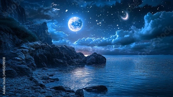 Fototapeta Enchanting Night Landscape with a Bright Moon and Shimmering Stars Above Calm Waters, Captivating Beauty of Nature in a Serene, Mysterious Atmosphere