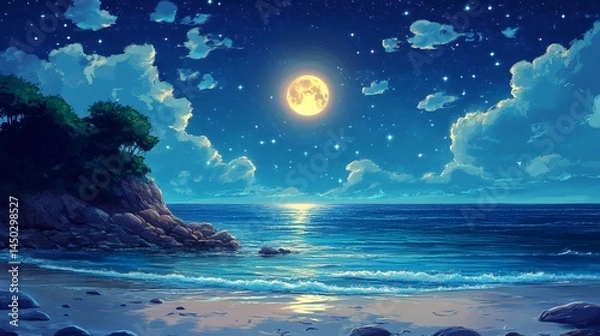 Fototapeta Serene Night Beach Scene with Full Moon Illuminating Ocean Waves and Starry Sky, Capturing the Beauty of Nature and Tranquility in a Dreamy Landscape