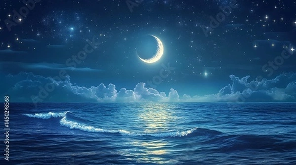 Fototapeta Serene Night Sky Over the Calm Ocean with a Glowing Crescent Moon and Twinkling Stars Reflecting on the Water, Creating a Dreamlike Atmosphere