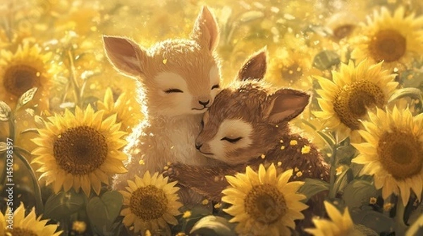 Fototapeta Adorable Young Animals Embracing in a Meadow of Bright Sunflowers Under a Warm Golden Sunlit Sky, Creating a Heartwarming Scene of Innocence and Friendship