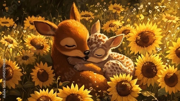 Fototapeta Sweet Moment of a Mother Deer and Fawn Nestled Together in a Enchanting Field of Radiant Sunflowers Bathed in Warm Morning Light
