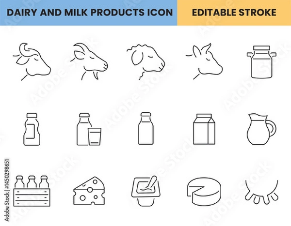 Fototapeta Dairy and milk products icon set, customizable stroke, vector, illustration
