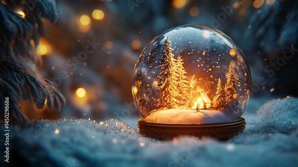 Fototapeta Enchanting Winter Wonderland in a Snow Globe with a Cozy Cabin, Sparkling Snowflakes, and Warm Ambient Lights for the Holiday Season