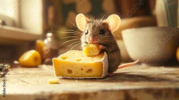 Fototapeta Adorable small mouse enjoying a piece of cheese in a cozy kitchen setting, with warm lighting and rustic decor creating a charming atmosphere for a delightful scene